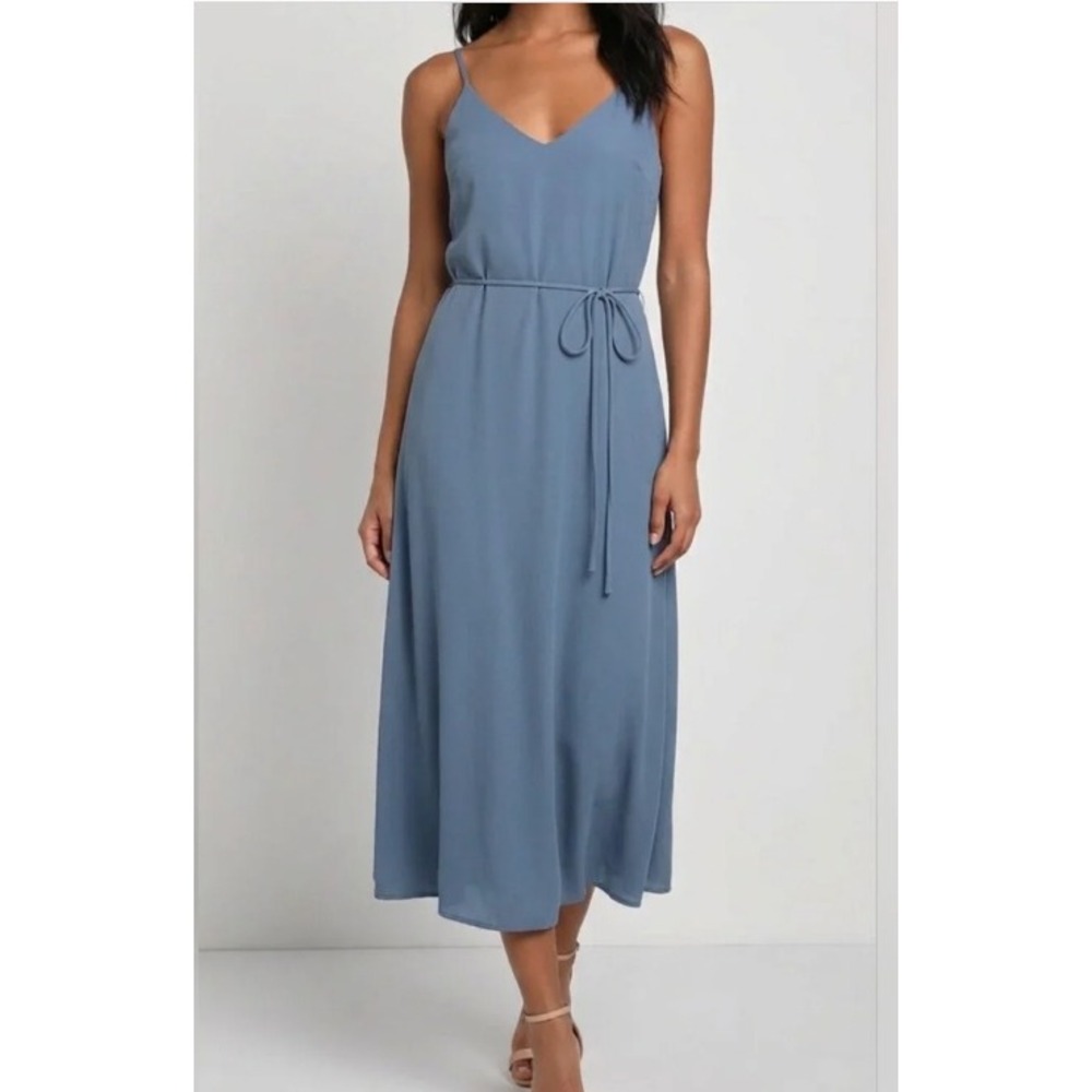 Lulus Slate Blue V-Neck Midi Dress NWT Adjustable Straps Tie Waist Large